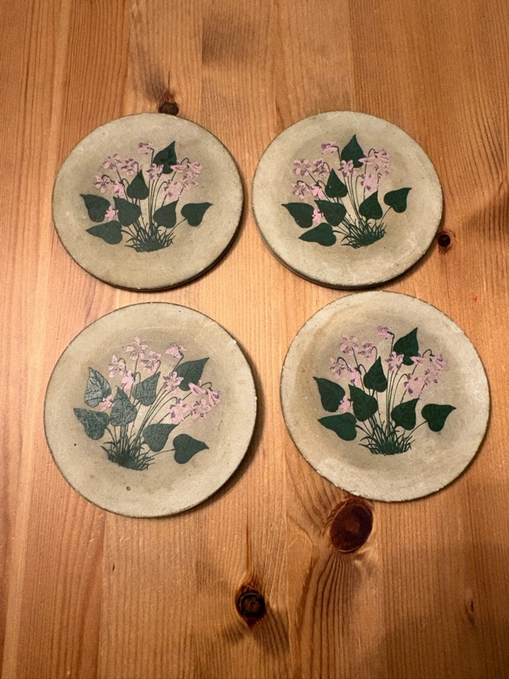 Matching Table Coaster Set Vintage Violet Floral Print Ceramic Cottagecore